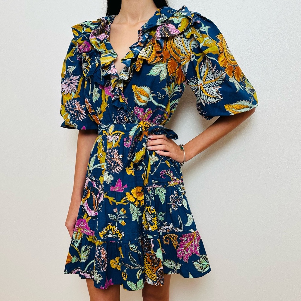 House of Harlow 1960 Mini Floral Wrap Dress Boho Ruffle Puff Sleeve - Picture 2 of 12